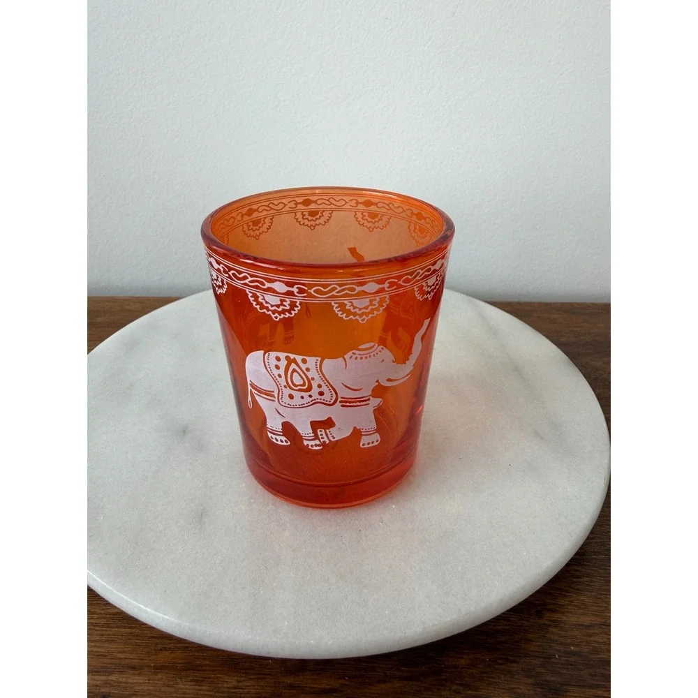 Cultural Intrigue Orange Glass Elephant Tea Light Candle Holder Boho Amber 3in